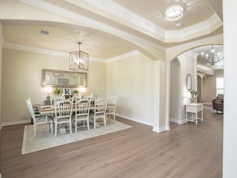 Dining room seen through arched opening with living room beyond.