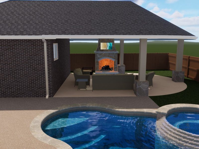 Outdoor kitchen pavilion rendering with a stone fireplace, seating area, and adjacent swimming pool.