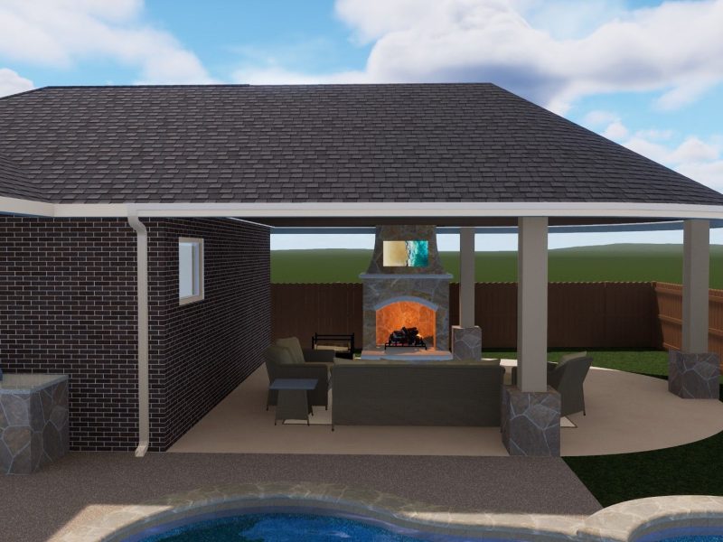 Rendering of an outdoor kitchen and covered pavilion with a stone fireplace and lounge area.