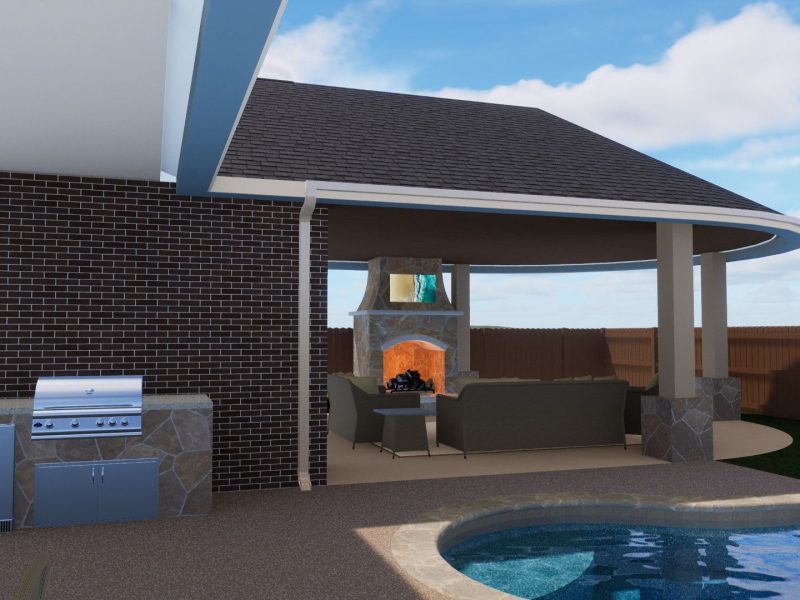 Outdoor kitchen with built-in grill and stone base next to a covered pavilion with a fireplace and pool.