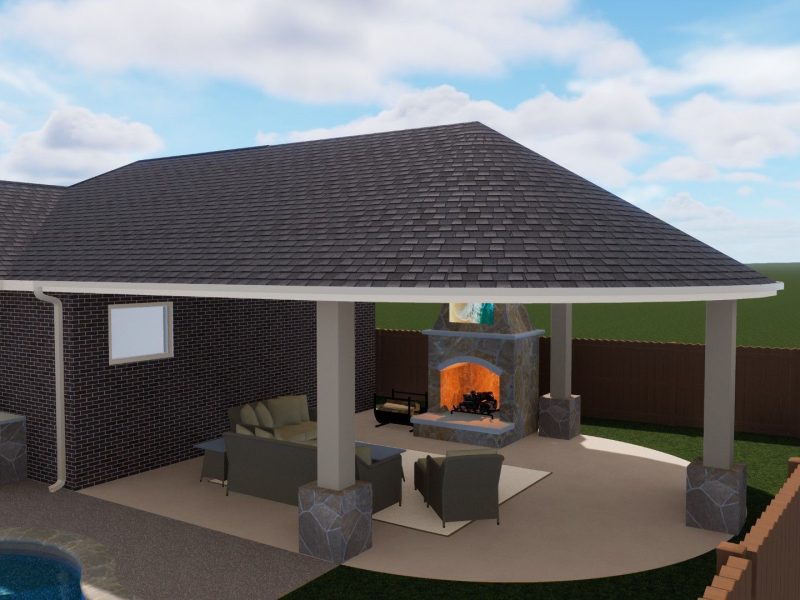 Rendering of an outdoor kitchen and pavilion with a stone fireplace, lounge seating, and built-in grill.