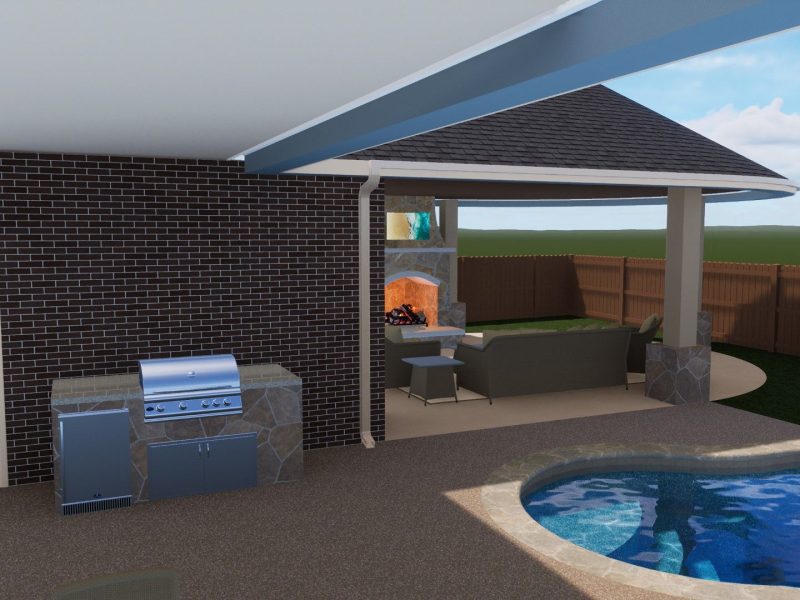Rendering of an outdoor kitchen with a built-in grill and a covered pavilion with a fireplace and seating area.