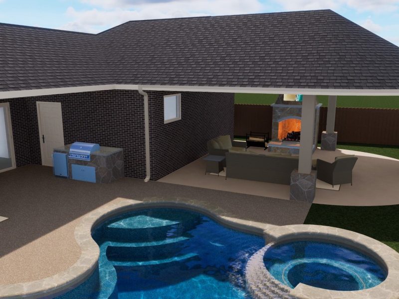 Outdoor kitchen and covered pavilion with a fireplace, lounging area, and swimming pool with integrated spa.