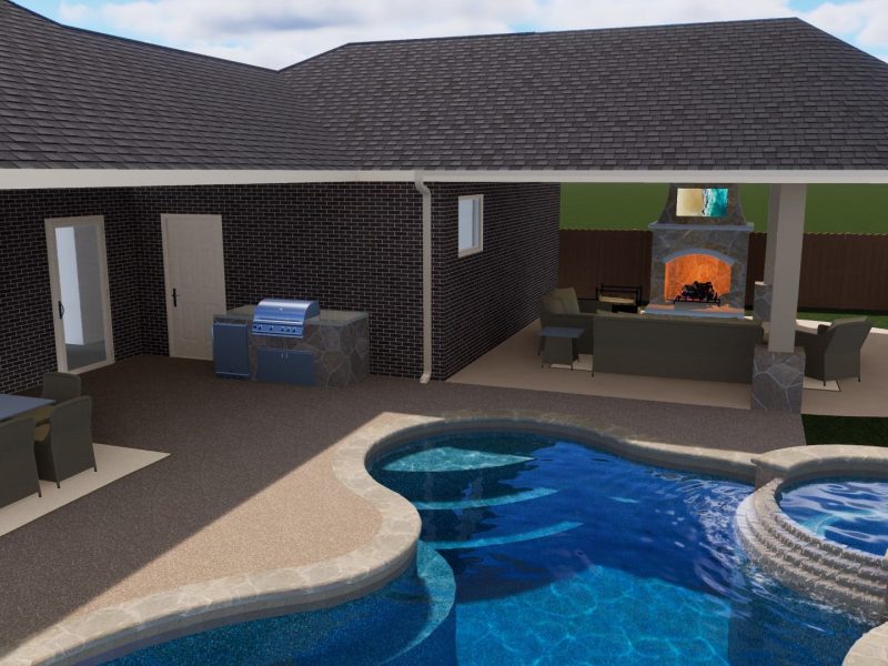 Outdoor kitchen and poolside pavilion with a built-in grill and stone fireplace under a shingled roof.